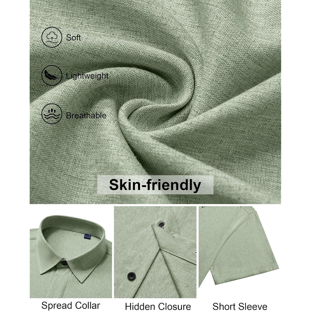 Mens Linen Shirt Short Sleeve Button Down Shirt Summer Casual Beach Tops | Lightweight Breathable, Shrink-Resistant, Linen Texture, Relaxed Fit Button Up, For Vacation Wedding Work Office Date Daily