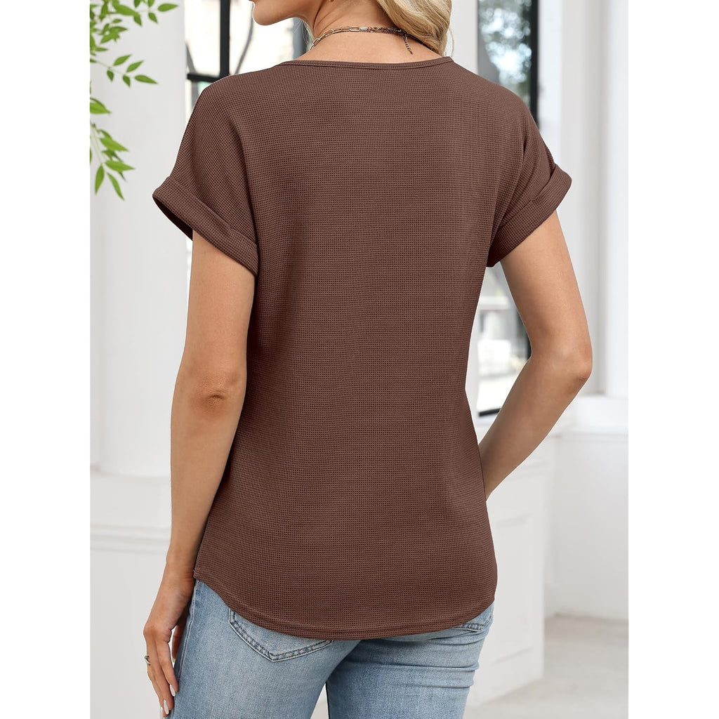 Anrabess Womens Waffle Knit Tops 2026 Summer Casual Short Sleeve V Neck T Shirts Basic Work Tee Spring Vacation Blouses