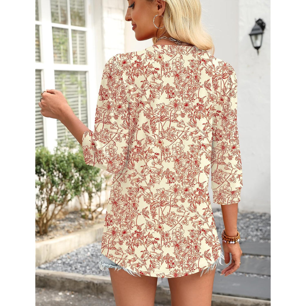 LOMON 3/4 Length Sleeve Womens Tops Pleated Puff Sleeve V Neck Work Blouses for Women Dressy Casual Spring Summer Clothes