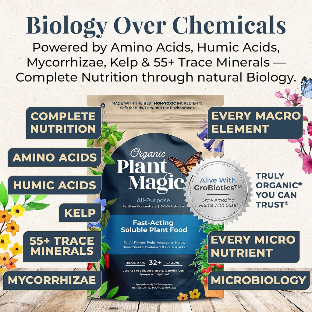 Organic Plant Magic Fertilizer & Plant Food For House Plants & Garden 1/2Lb | Makes 32+ Gallons Of Organic Fertilizer, Plant Food For Vegetables Flowers Herbs Trees Outdoor & Indoor House Plants & Garden