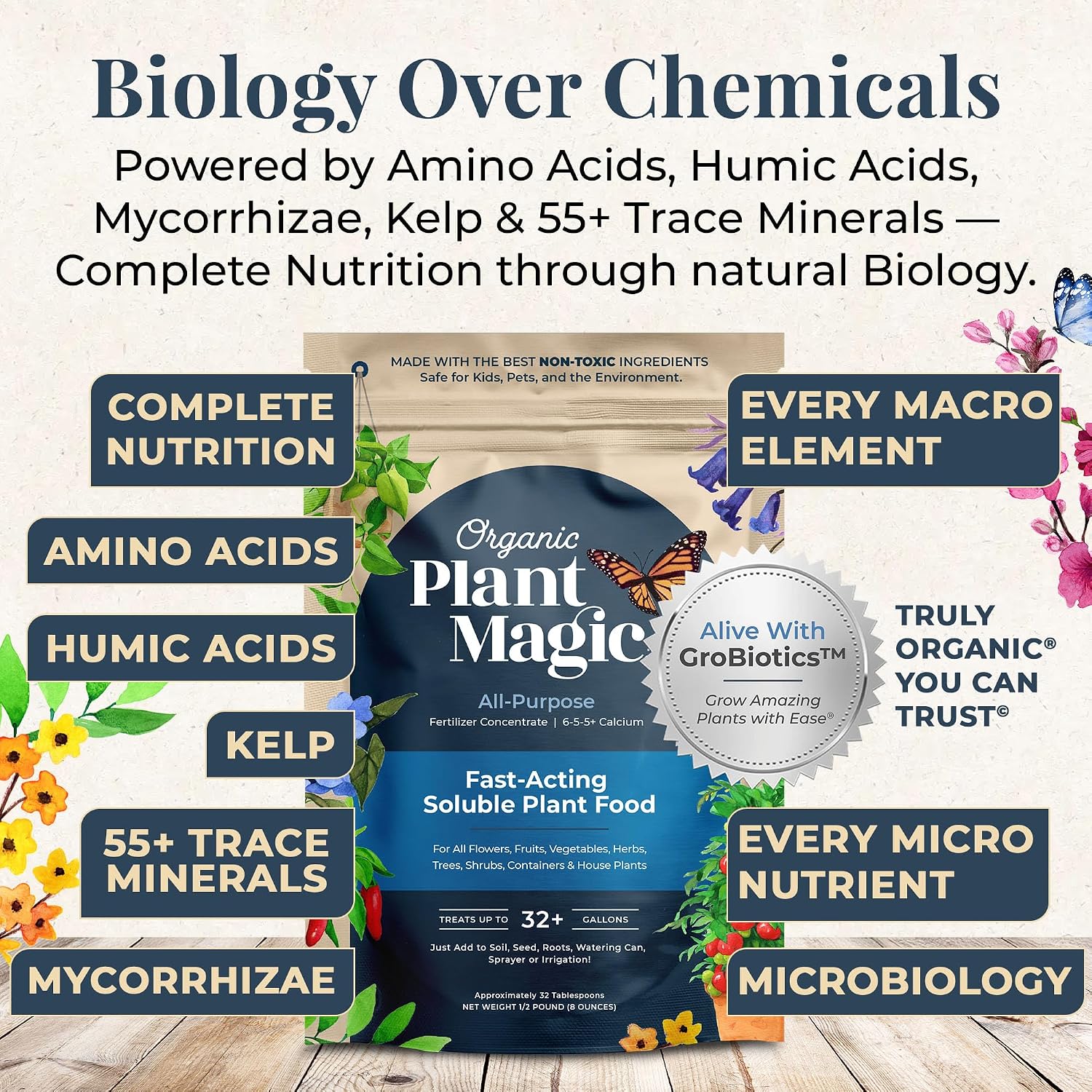 Organic Plant Magic Fertilizer & Plant Food For House Plants & Garden 1/2Lb | Makes 32+ Gallons Of Organic Fertilizer, Plant Food For Vegetables Flowers Herbs Trees Outdoor & Indoor House Plants & Garden