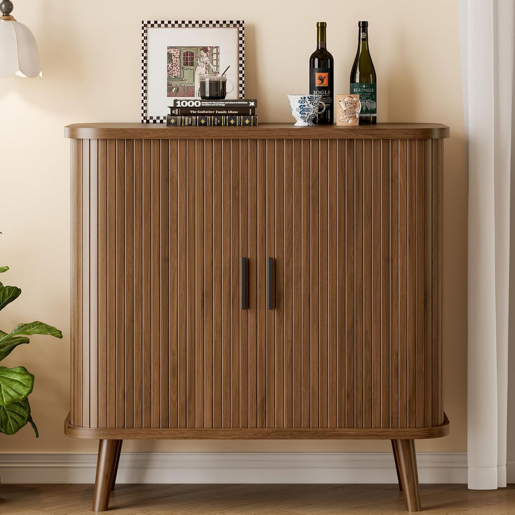 Sideboard Buffet Cabinet With Sliding Door, 31.5" Wide Fluted Modern Accent Storage Cabinet With Adjustable Shelves, Wood Coffee Bar Buffet Console Table For Kitchen, Dining Room, Living Room, Walnut