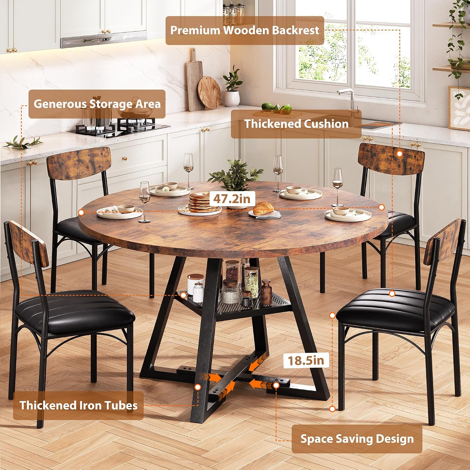 Dining Table Set For 4,Kitchen Table And Chairs For 4, Round Dining Room Table With Upholstered Chairs, 5 Piece Space Saving Circle Wood Kitchen & Dining Room Dinner Dinette Table Set (Vintage, 42In)