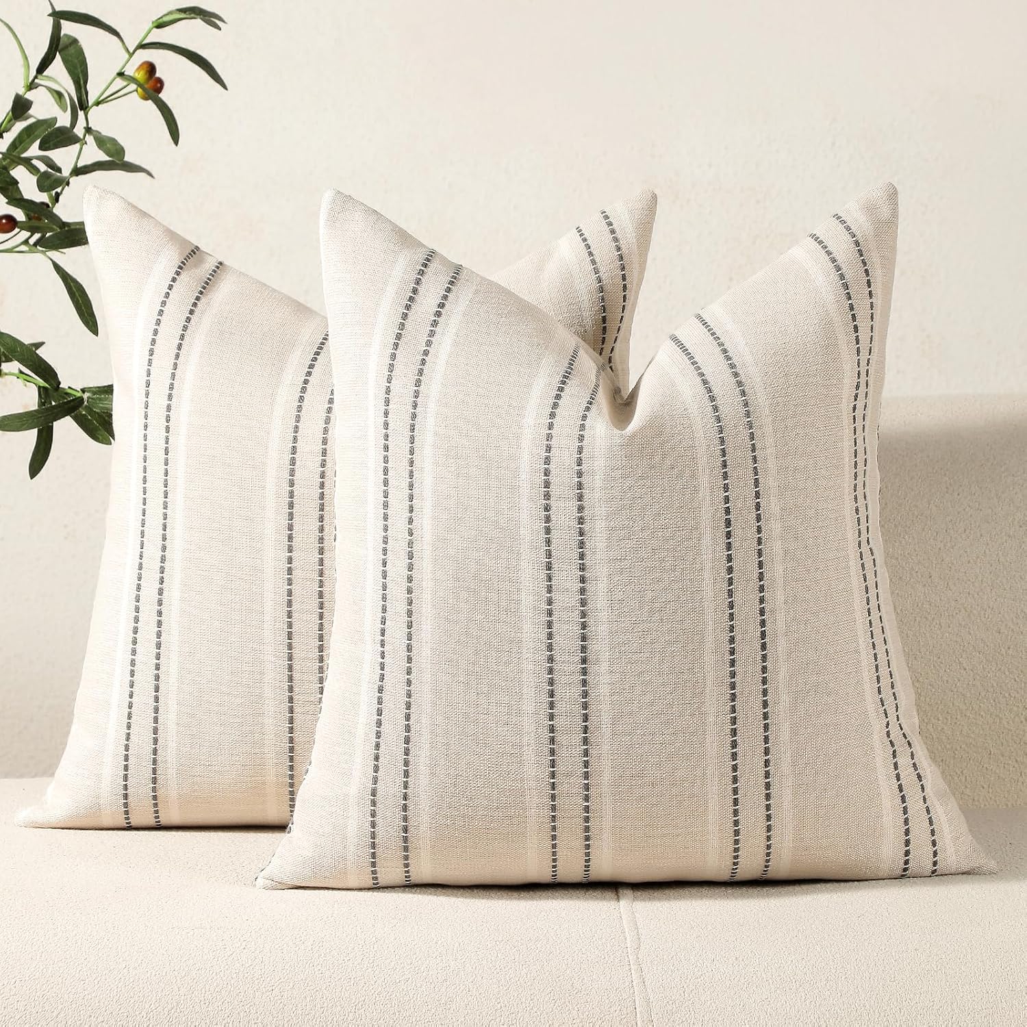 Hckot Throw Pillow Covers 20X20 Set Of 2 Striped Pillow Covers Textured Linen Decorative Pillows Square Cushion Covers For Sofa Couch Bed Living Room Farmhouse Decor, Grey