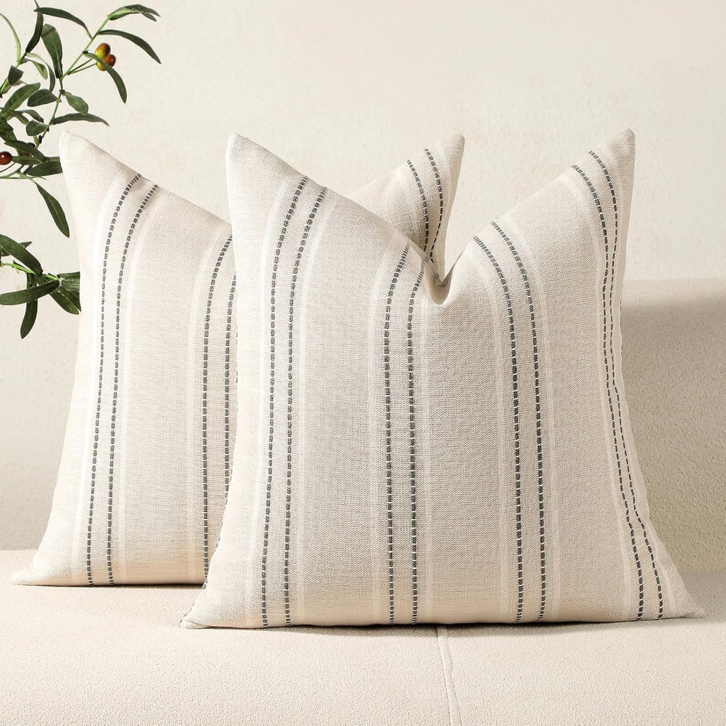 Hckot Throw Pillow Covers 20X20 Set Of 2 Striped Pillow Covers Textured Linen Decorative Pillows Square Cushion Covers For Sofa Couch Bed Living Room Farmhouse Decor, Grey