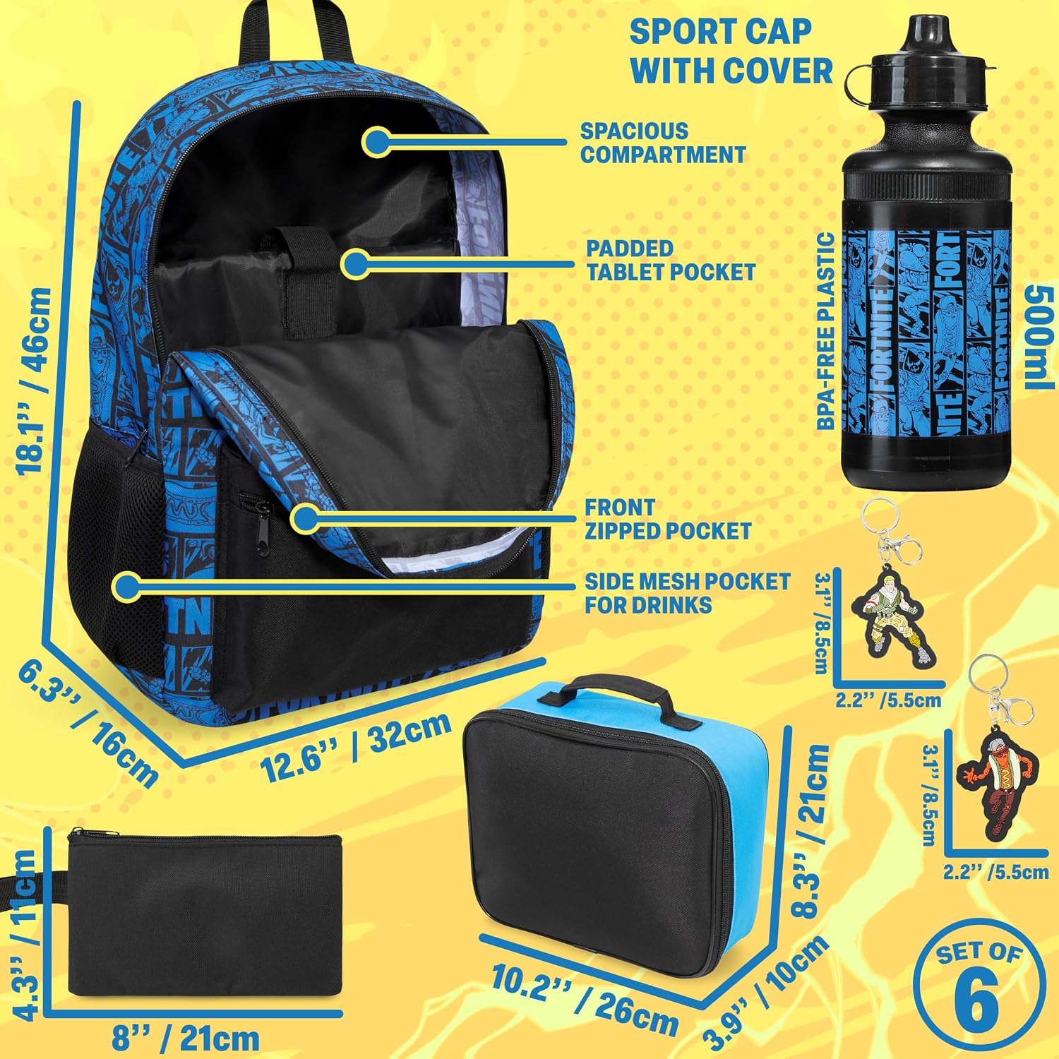 Get Trend Fortnite Boys Backpack 6Pc School Set With Lunch Bag Pencil Case | 18In Kids Book Bag With Water Bottle, 2 Keychains, Pencil Pouch, Insulated Cooler Bag, School Supplies, Gamer Gifts For Boys
