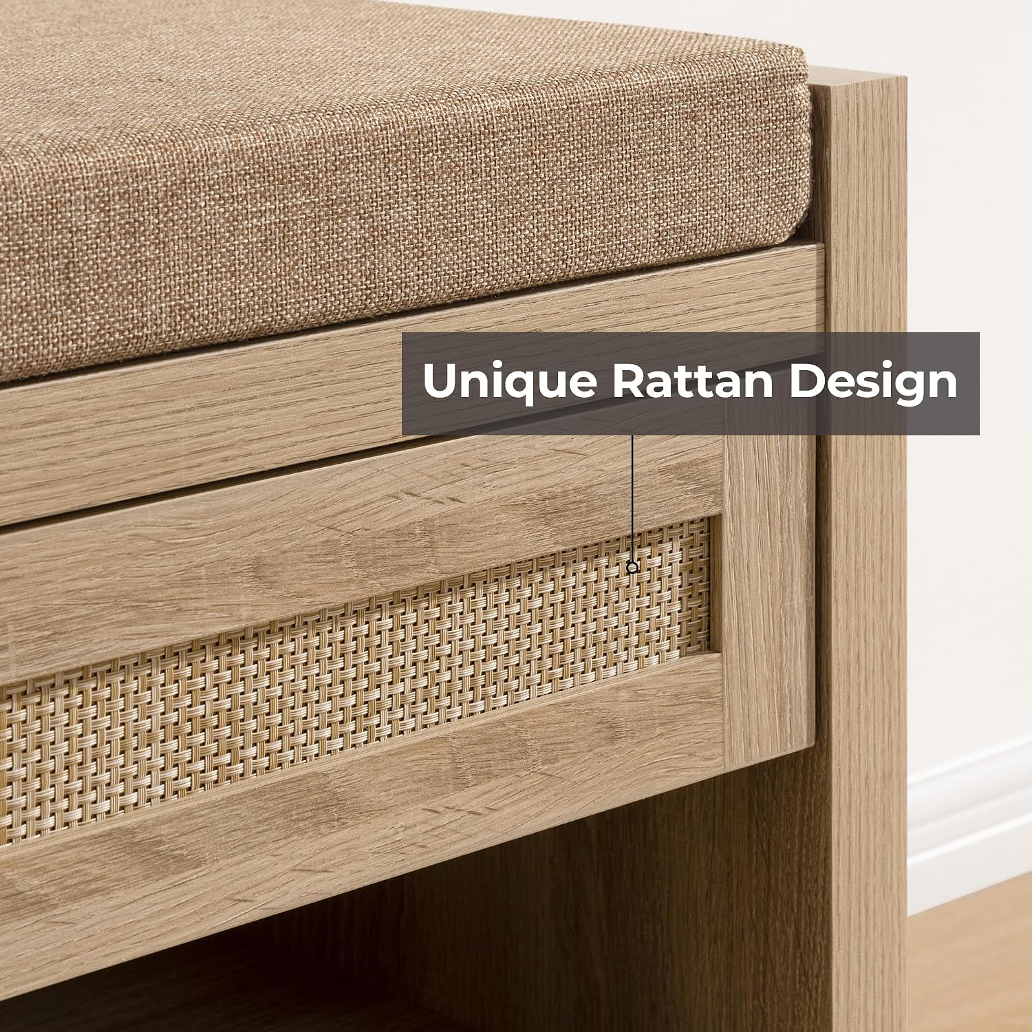 Sicotas Rattan Shoe Bench Entryway Bench With Storage Drawer And Linen Seat Cushion, Farmhouse Boho Shoe Rack Bench With Shelf, Wooden Storage Bench For Entryway Hallway And Bedroom, Light Oak