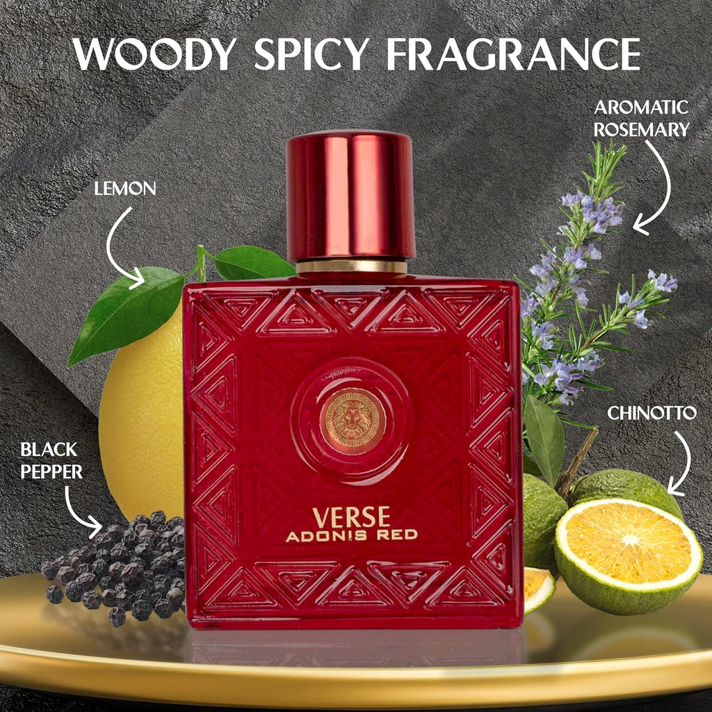 Verse Adonis Red for Men - 100ml Eau De Parfum Spray - Fruity Warm & Floral Fragrance Smell Fresh All Day Long Lasting Includes NovoGlow Carrying Pouch Gift for All Occasions