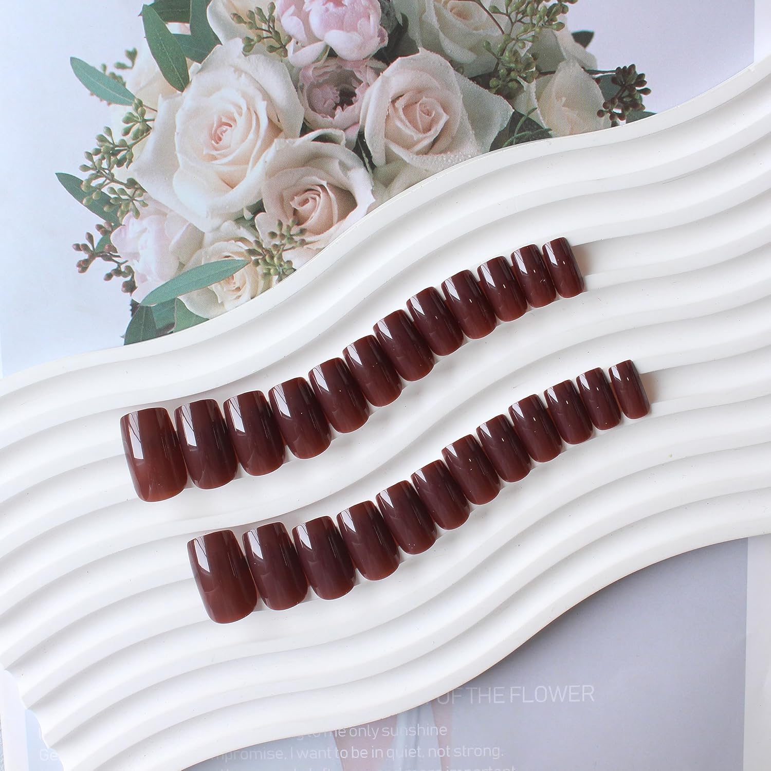 KQueenest Dark Brown Press on Nails Short Medium Square Glue on Nails Set Solid Color Fake Nails Short Coffin Acrylic Nails Reusable Press on Gel Nails for Women Finger Decoration in 24 Pcs