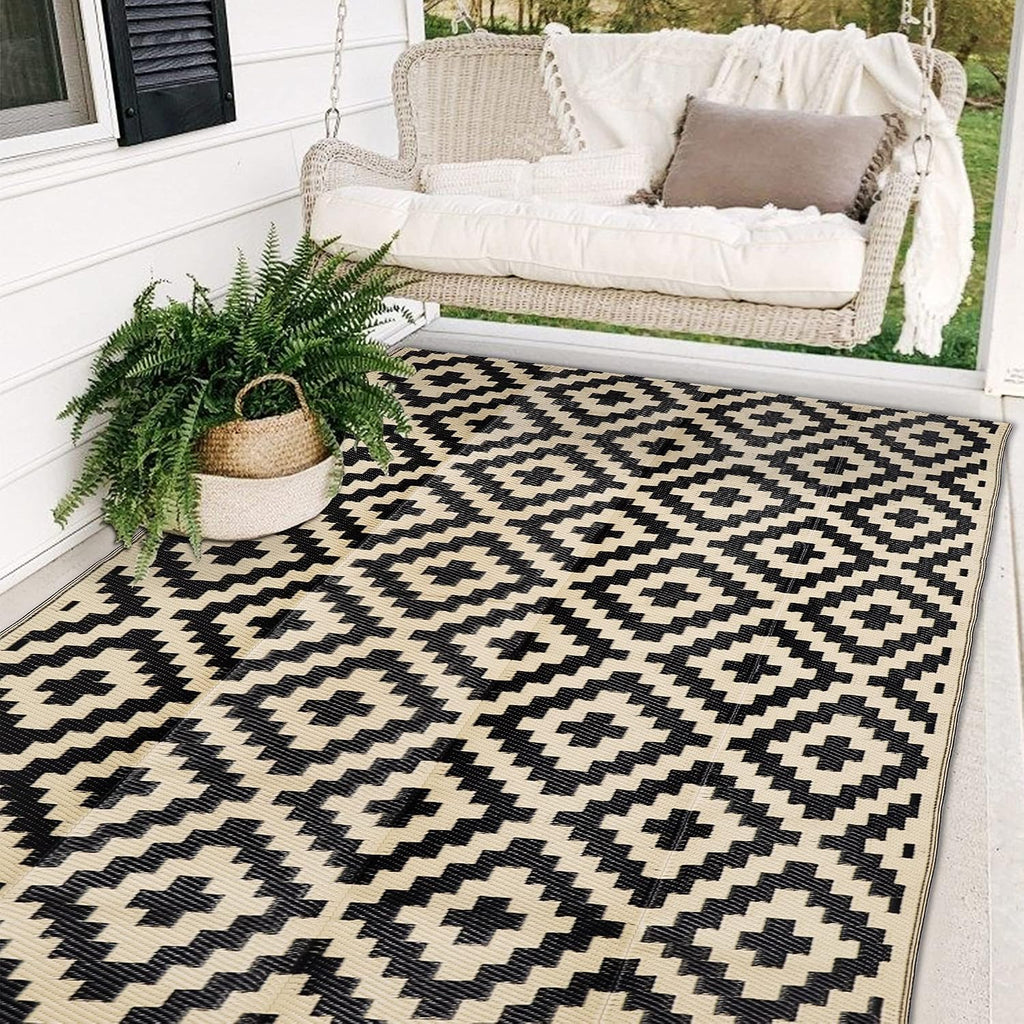 Waterproof Outdoor Rug 5X8 Ft, Plastic Reversible Rug, Modern Area Rug, Large Floor Mat For Outdoors, Rv, Patio, Backyard, Deck, Picnic, Beach, Camping, Black & Beige
