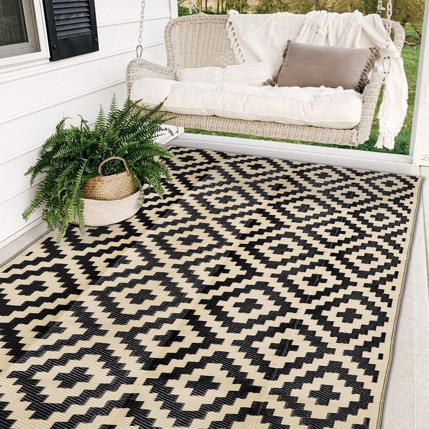 Waterproof Outdoor Rug 5X8 Ft, Plastic Reversible Rug, Modern Area Rug, Large Floor Mat For Outdoors, Rv, Patio, Backyard, Deck, Picnic, Beach, Camping, Black & Beige