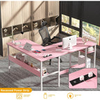 Unikito Reversible L Shaped Desk With Magic Power Outlets And Usb Charging Ports, Sturdy Corner Computer Desk With Storage Shelves, Gaming Table Home Office Desk, Easy To Assemble, Pink