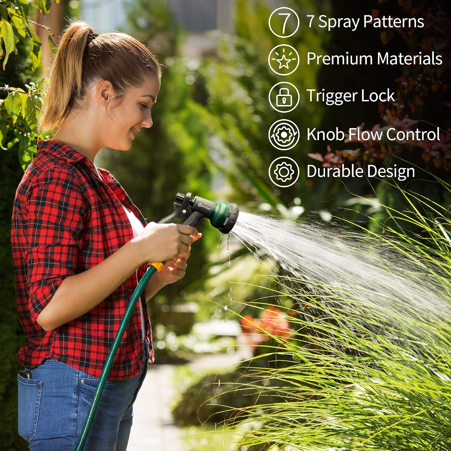 Automan-Garden-Hose-Nozzle, Abs Water Spray Nozzle With 7 Adjustable Watering Patterns, Slip Resistant For Watering Plants, Lawn& Garden, Washing Cars, Cleaning, Showering Pets & Outdoor Fun.