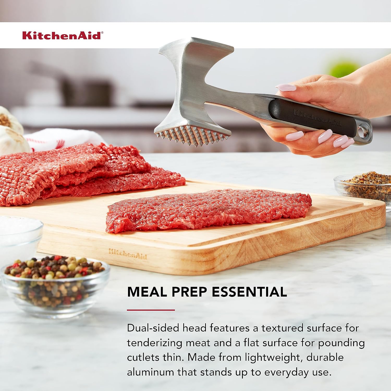 Kitchenaid Gourmet Multi Sided Meat Tenderizer For Pounding Meats, Nuts, Shellfish, Ect, Hang Hole For Easy Storage, Hand Wash, One Size, Black