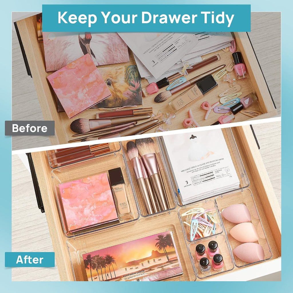 Vtopmart 25 Pcs Clear Plastic Drawer Organizers Set, 4-Size Versatile Bathroom And Vanity Drawer Organizer Trays, Storage Bins For Makeup, Bedroom, Kitchen Gadgets Utensils And Office