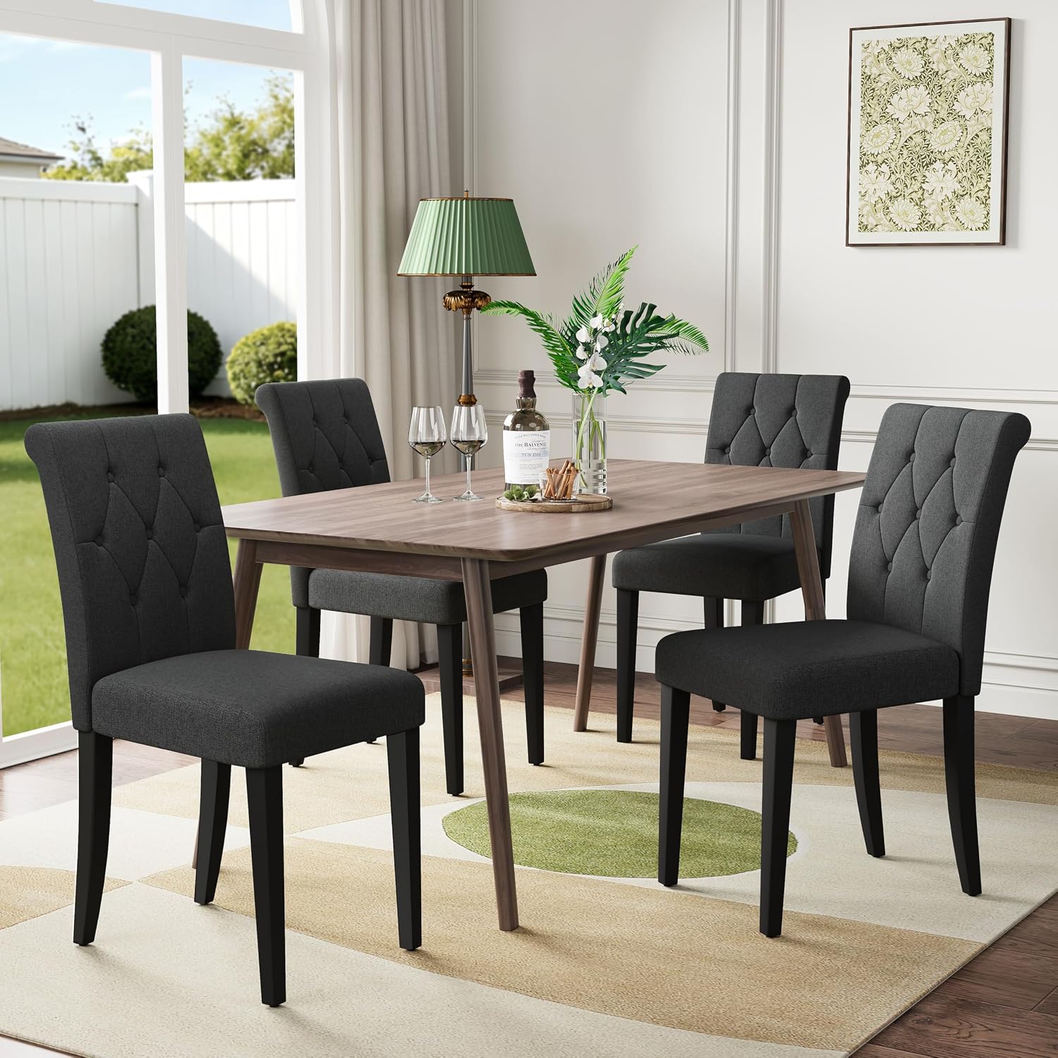 Welzona Upholstered Dining Chairs Set Of 4, Button Tufted Parsons Dining Chair With Solid Wood Legs, Modern Fabric Side Chair For Dining Room/Kitchen/Restaurant/Hotel- Black