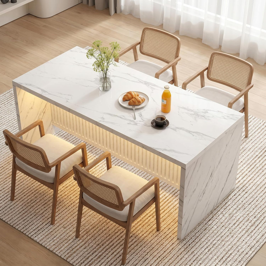 71’’ Large Faux Marble Dining Table For 6 People, 37.4’’H Tall Modern Kitchen Island With Led Lights, Rectangle Kitchen Dining Table For Home