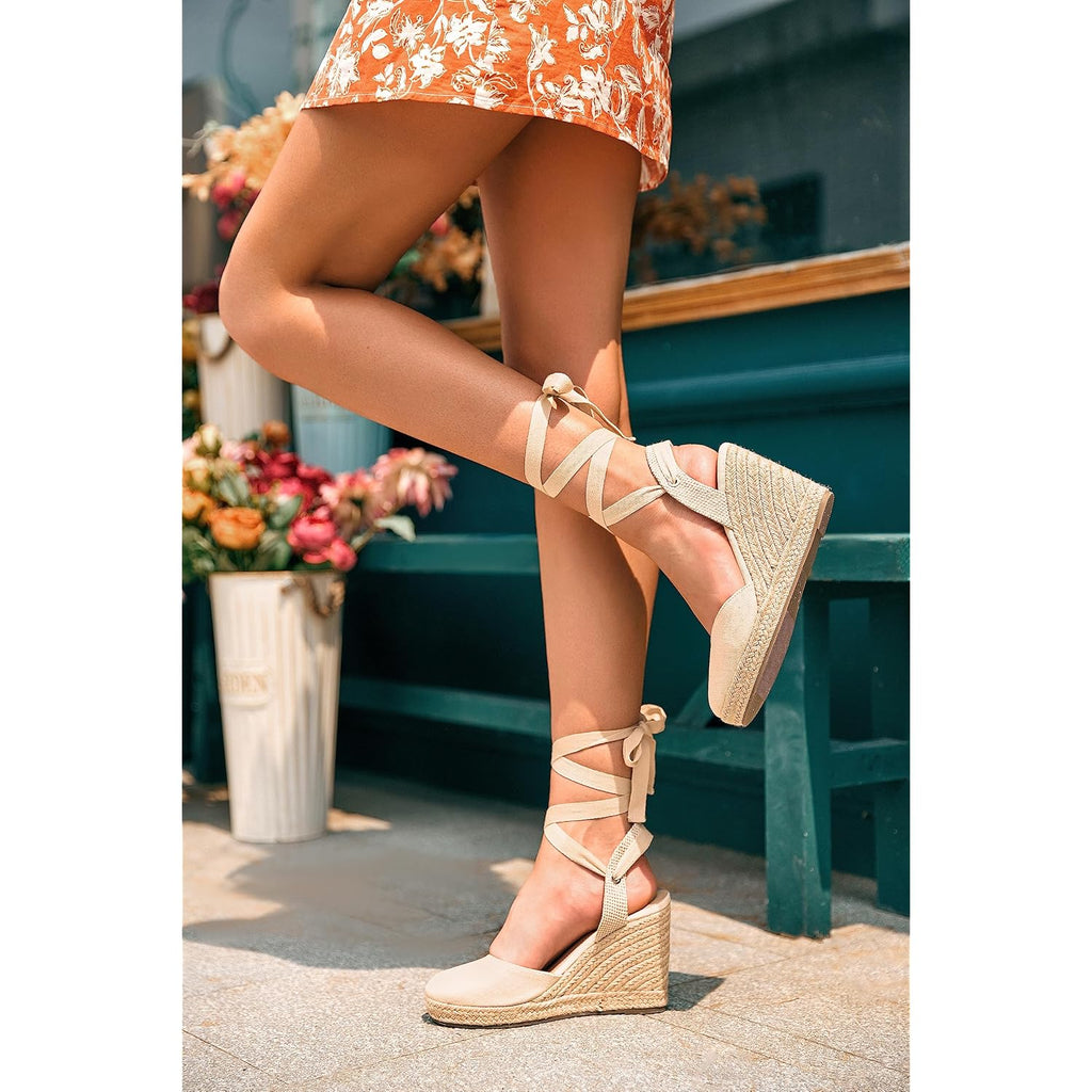 Ermonn Womens Espadrilles Wedge Sandals Platform Closed Toe Ankle Strap Lace Up Summer Shoes