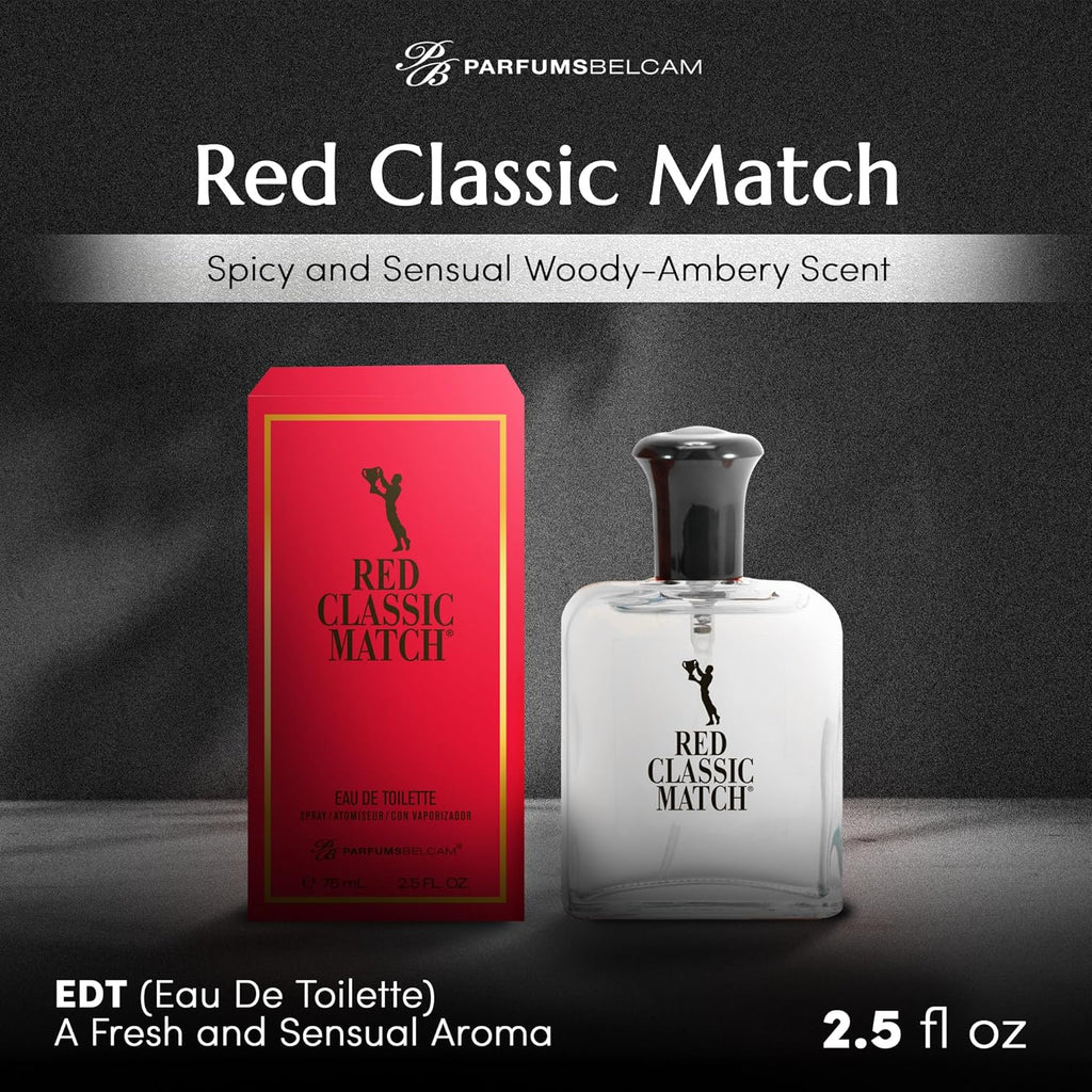 PB ParfumsBelcam Red Classic Match Eau de Toilette - Spicy Woody Amber Fragrance for Men, Long-Lasting Masculine Scent, Affordable Cologne Alternative, Signature Fragrance - 2.54 Fl Oz