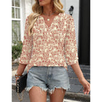 LOMON 3/4 Length Sleeve Womens Tops Pleated Puff Sleeve V Neck Work Blouses for Women Dressy Casual Spring Summer Clothes