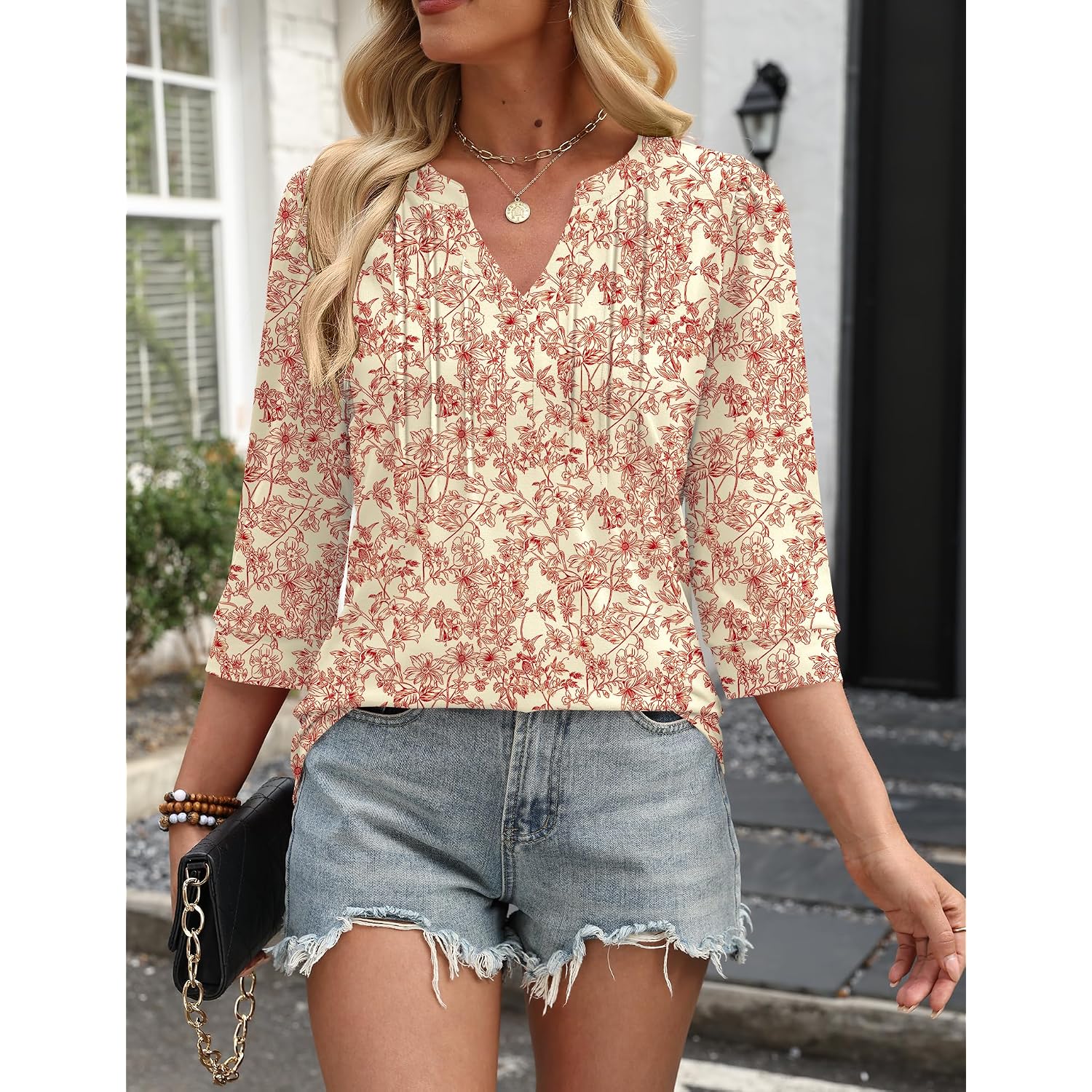 LOMON 3/4 Length Sleeve Womens Tops Pleated Puff Sleeve V Neck Work Blouses for Women Dressy Casual Spring Summer Clothes