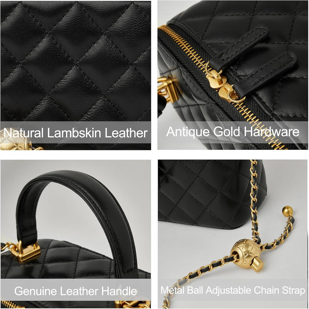 DORIS&JACKY Small Quilted Box Crossbody Purse For Women, Designer Lambskin Leather Mini Top Handle Tote Bag With Chain Strap