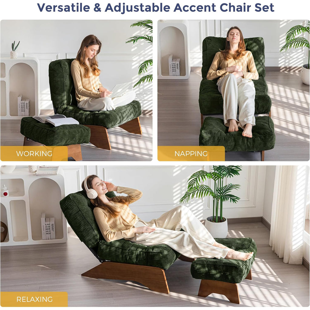 Maxyoyo Accent Chair With Ottoman Adjustable Backrest, Tufted Living Room Chair Upholstered Lounge Chair With Footrest Set, Modern Chair Cozy Reclining Chair For Reading Room, Green