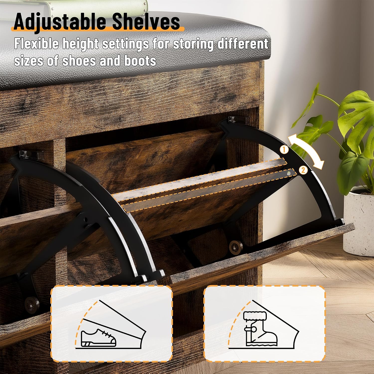 40" Shoe Storage Bench With 2 Flip Drawers & Padded Seat Cushion, Shoe Cabinet With Lift Top Storage Box, Shoe Bench Shoe Organizer For Entryway, Hallway, Living Room, Vintage Brown