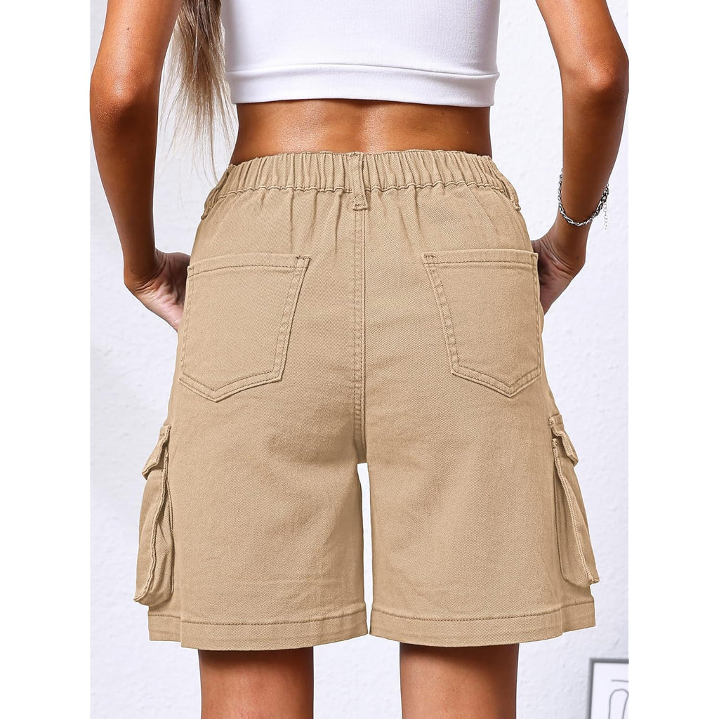 Bermuda Cargo Shorts Women, Elastic High Waist 6 Pockets Shorts 7 Inch Inseam Summer Jorts for Women Casual