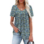 Womens T Shirts Short Sleeve Pleated Dressy Casual V Neck Summer Tops Blouses