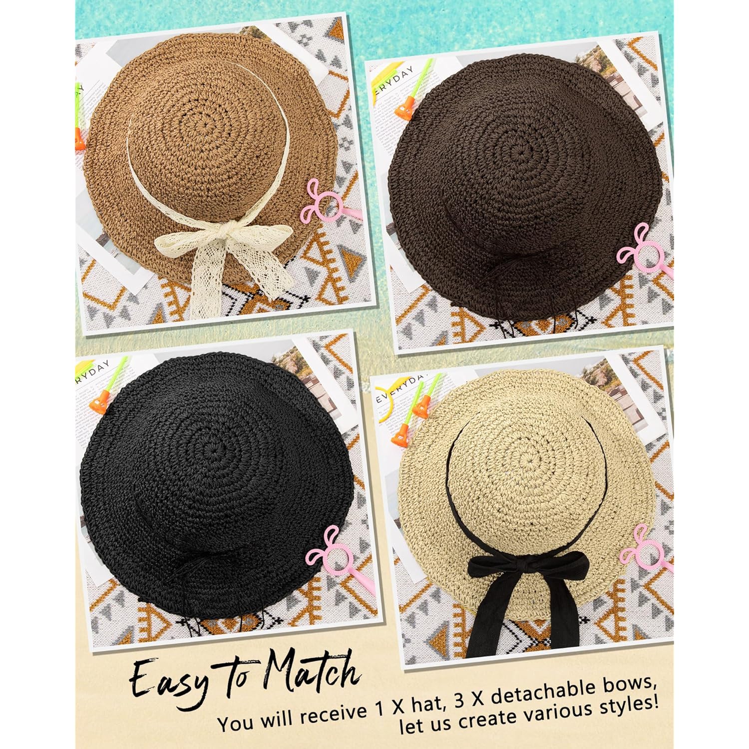 Senker Fashion Beach Straw Hats for Women, Handmade Floppy Bucket Sun Hat for Summer Vacation Wide Brim Packable Travel