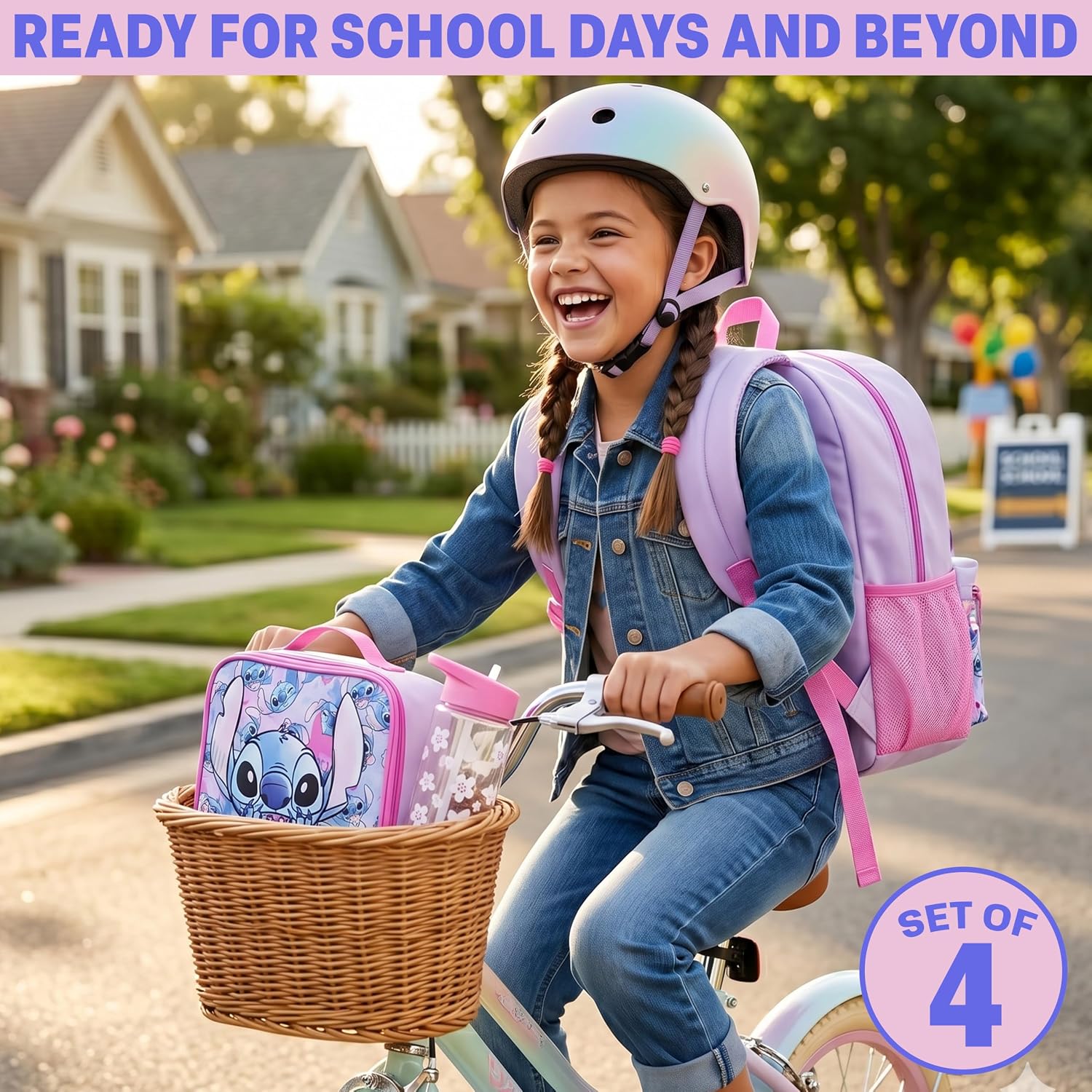Get Trend Disney Stitch Kids Backpack 4 Piece Set | 18 Inch Bookbag, Insulated Lunch Bag, Zipped Pencil Case & Bpa-Free Water Bottle For School & Travel, Gifts For Girls
