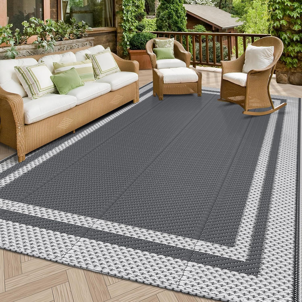 Happytrends Outdoor Rug Reversible Portable Plastic Straw Camping Rugs For Outside Rv,Large Waterproof Outdoor Area Rugs For Patio,Deck,Porch,Balcony(5'X 8',White&Gray)