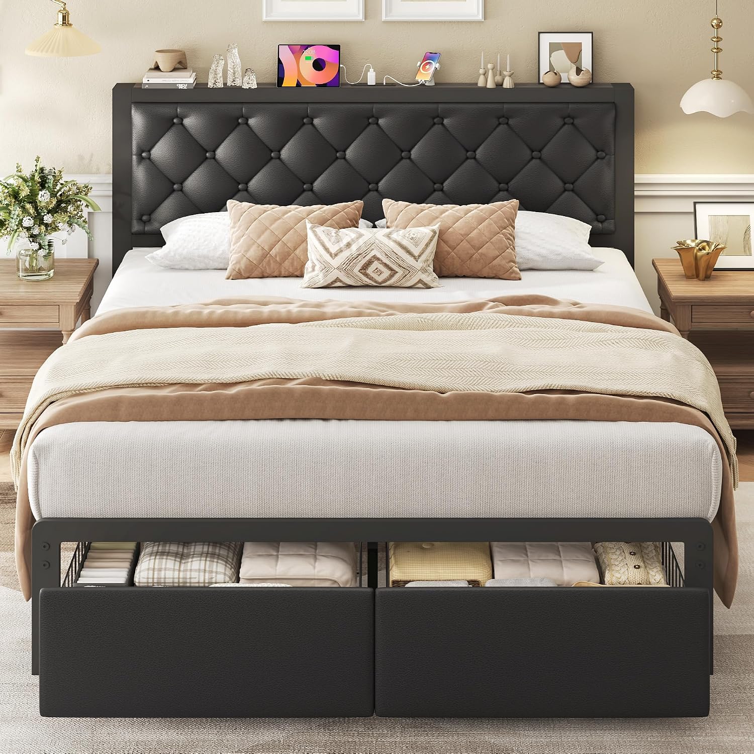 Queen Bed Frame With 2 Storage Drawers, Upholstered Headboard Button Tufted Bed Frame With Charging Station, No Box Spring Needed, Noise-Free, All Metal Structure, Black