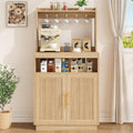 Fluted Coffee Bar Cabinet With Storage, Coffee Station With Adjustable Shelf And Hutch, 23.6" Sideboard Buffet Cabinet With 7 Hooks For Kitchen Living Room, Natural Oak