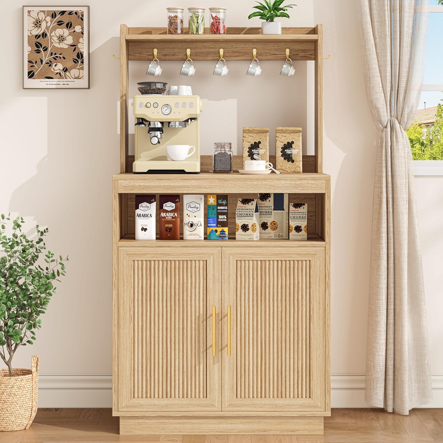 Fluted Coffee Bar Cabinet With Storage, Coffee Station With Adjustable Shelf And Hutch, 23.6" Sideboard Buffet Cabinet With 7 Hooks For Kitchen Living Room, Natural Oak