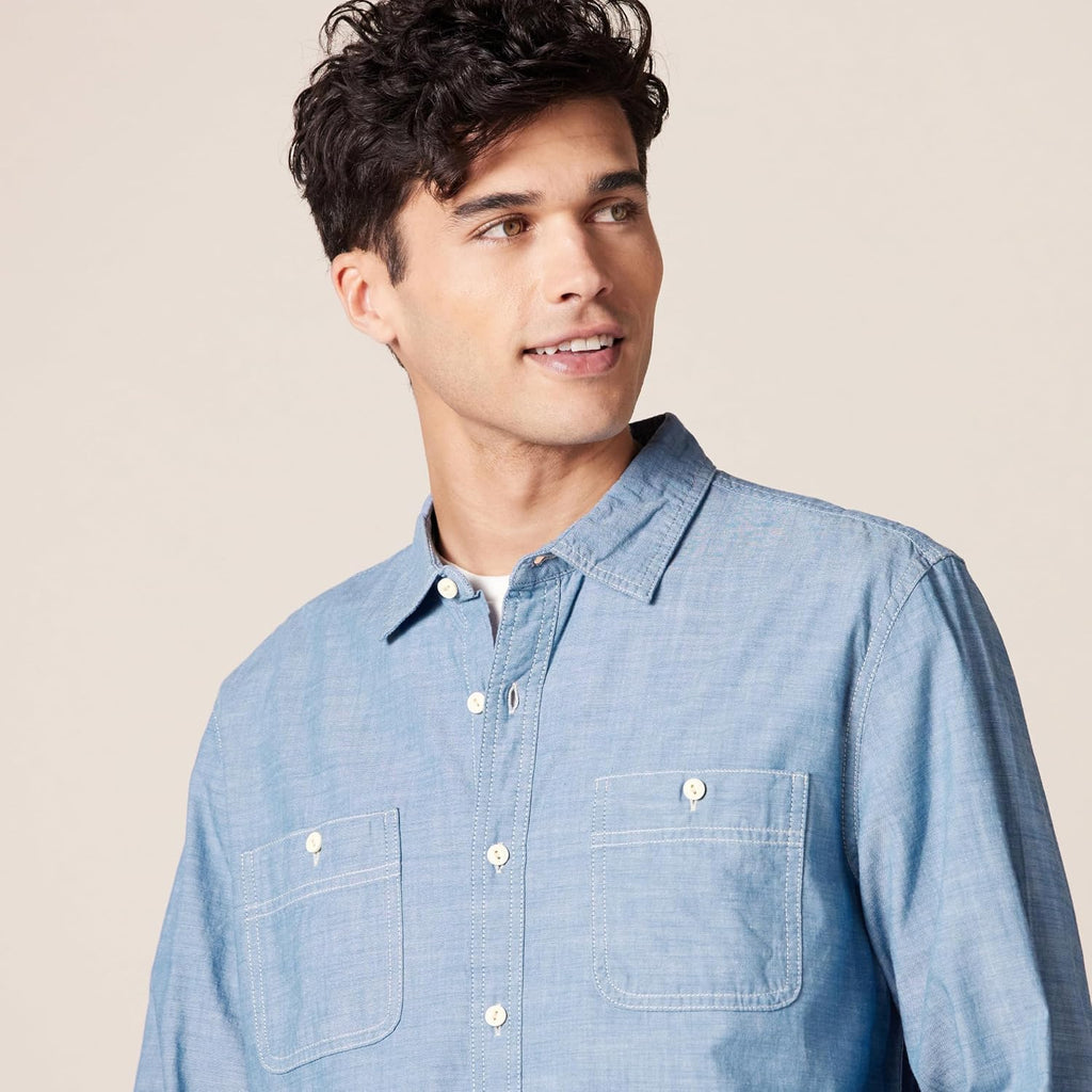 Amazon Essentials Men'S Regular-Fit Long-Sleeve Lightweight Cotton Chambray Shirt With Pockets