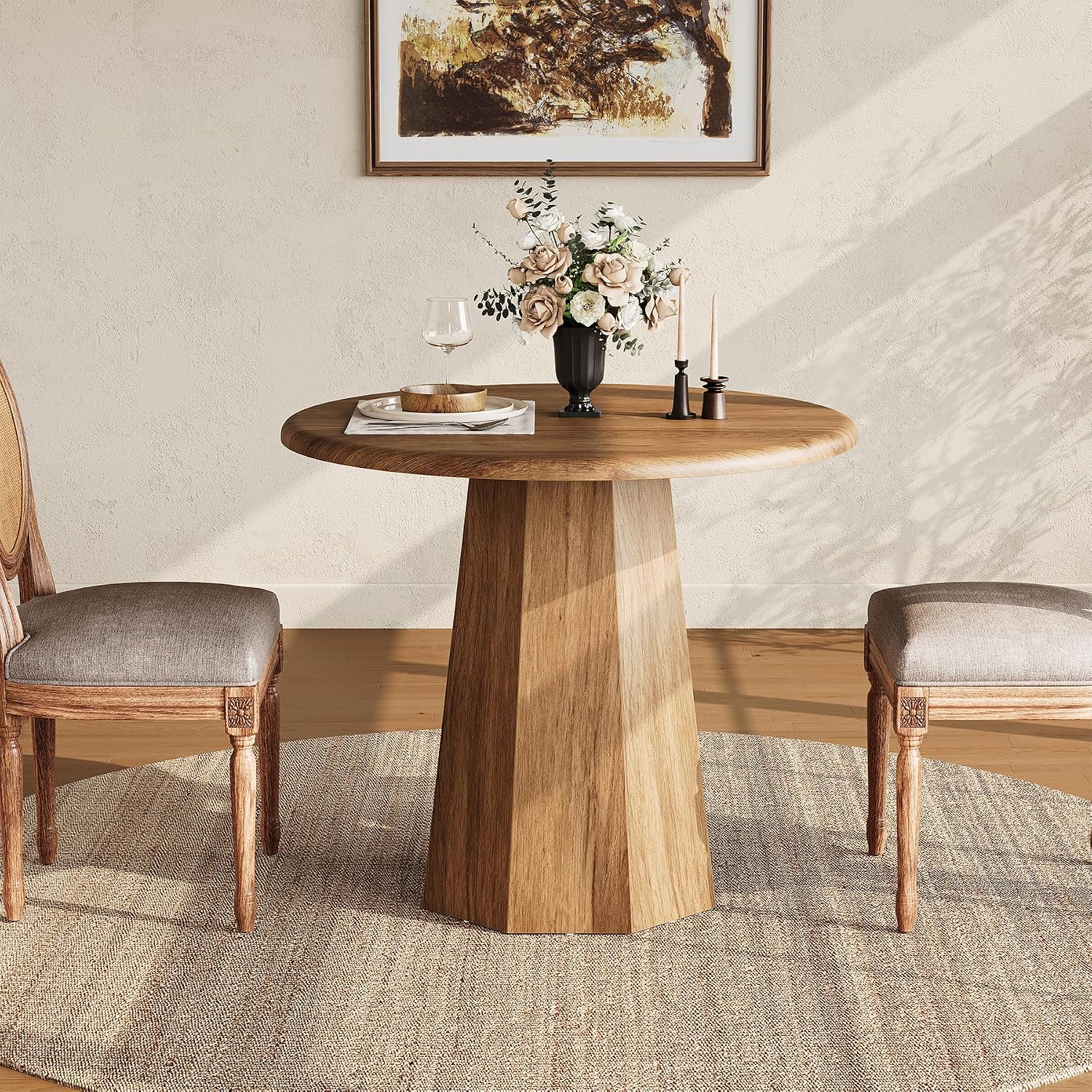 Little Tree 31.5" Round Dining Table For 4, Wood Kitchen Table For Dining Room, Small Dinner Table With Wooden Tabletop And Octagonal Base For Apartments, Office & Restaurants, Deep Brown (Oak Brown)