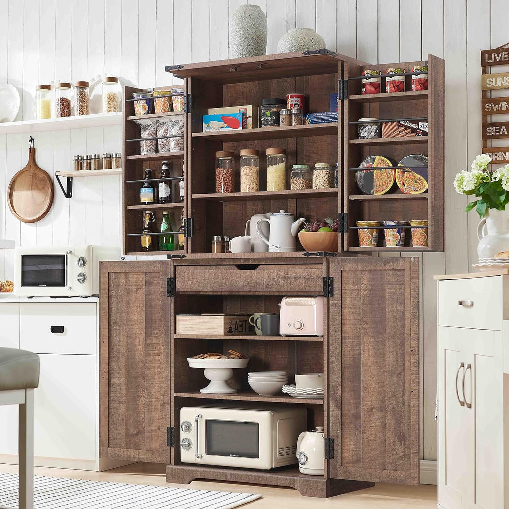 72" Tall Wooden Pantry Storage Cabinet With Door Shelves & Drawer | Farmhouse, Barn Doors, Adjustable Shelves, Freestanding, Anti-Tip Kit, For Kitchen, Dining Room, Living Room