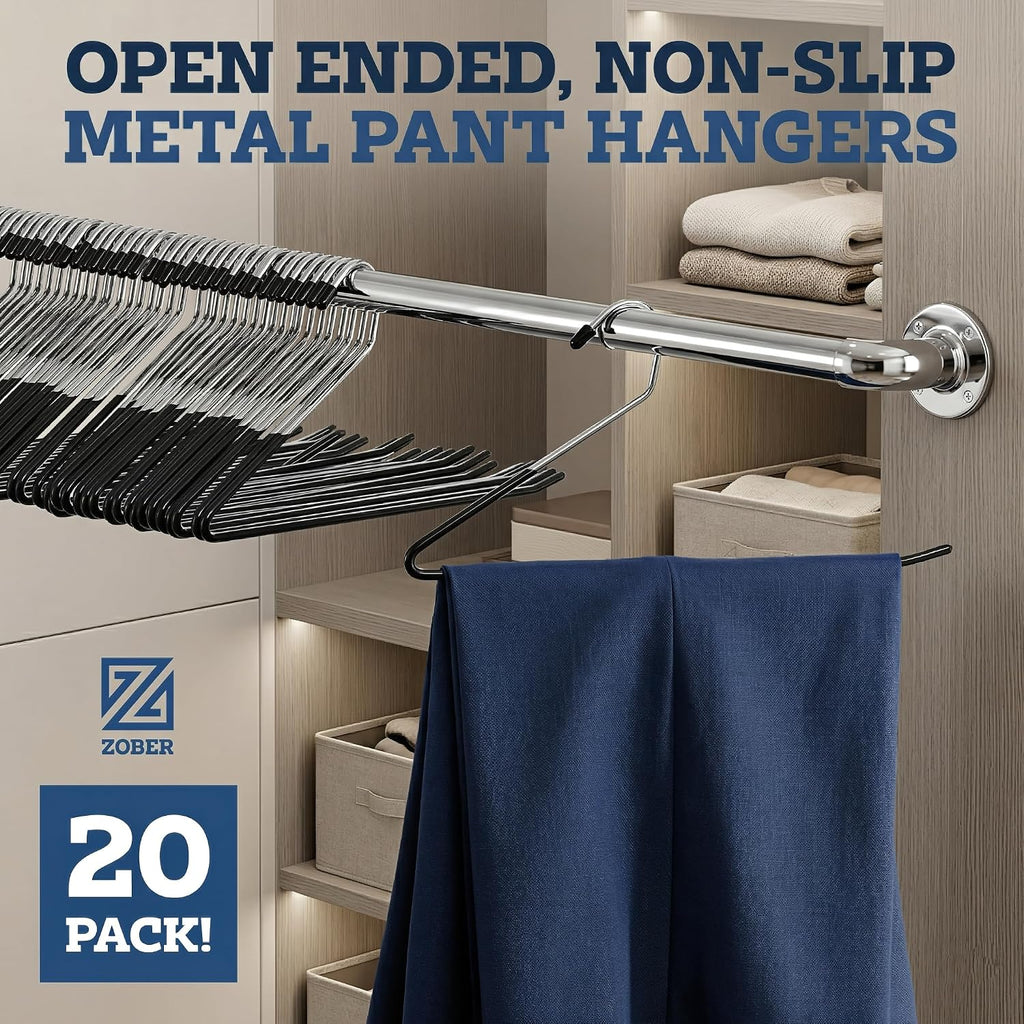 Zober Pants Hangers Non Slip - Open Ended Pants And Jean Hangers For Closet - Space Saving Clothes Hanger - Strong, Durable, Metal Pant Hangers (Black 2O Pack)
