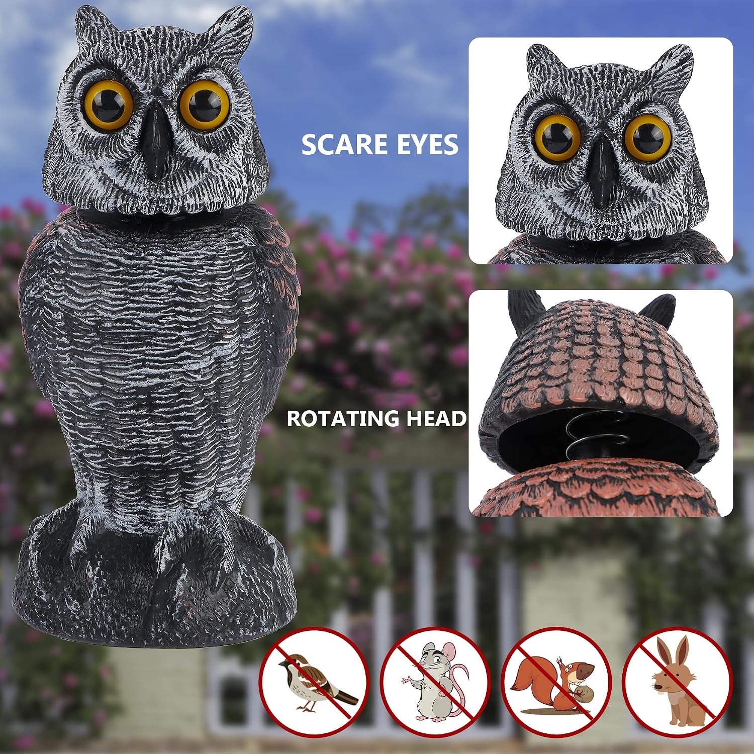 Hausse 2 Pack Fake Owl Decoys To Scare Birds Away, Rotating Head Plastic Owl Bird Deterrents, 10.6 Inch Height Bird Scarecrow Nature Enemy Horned Pest Repellent For Outdoor Garden Yard