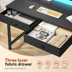 31Inch Office Computer Desk With Led Lights & 2 Fabric Drawers, Gaming Desk With Side Pocket & Ergonomic Monitor Stand, Small Space Study Writing Table With Anti-Tip Design,Black