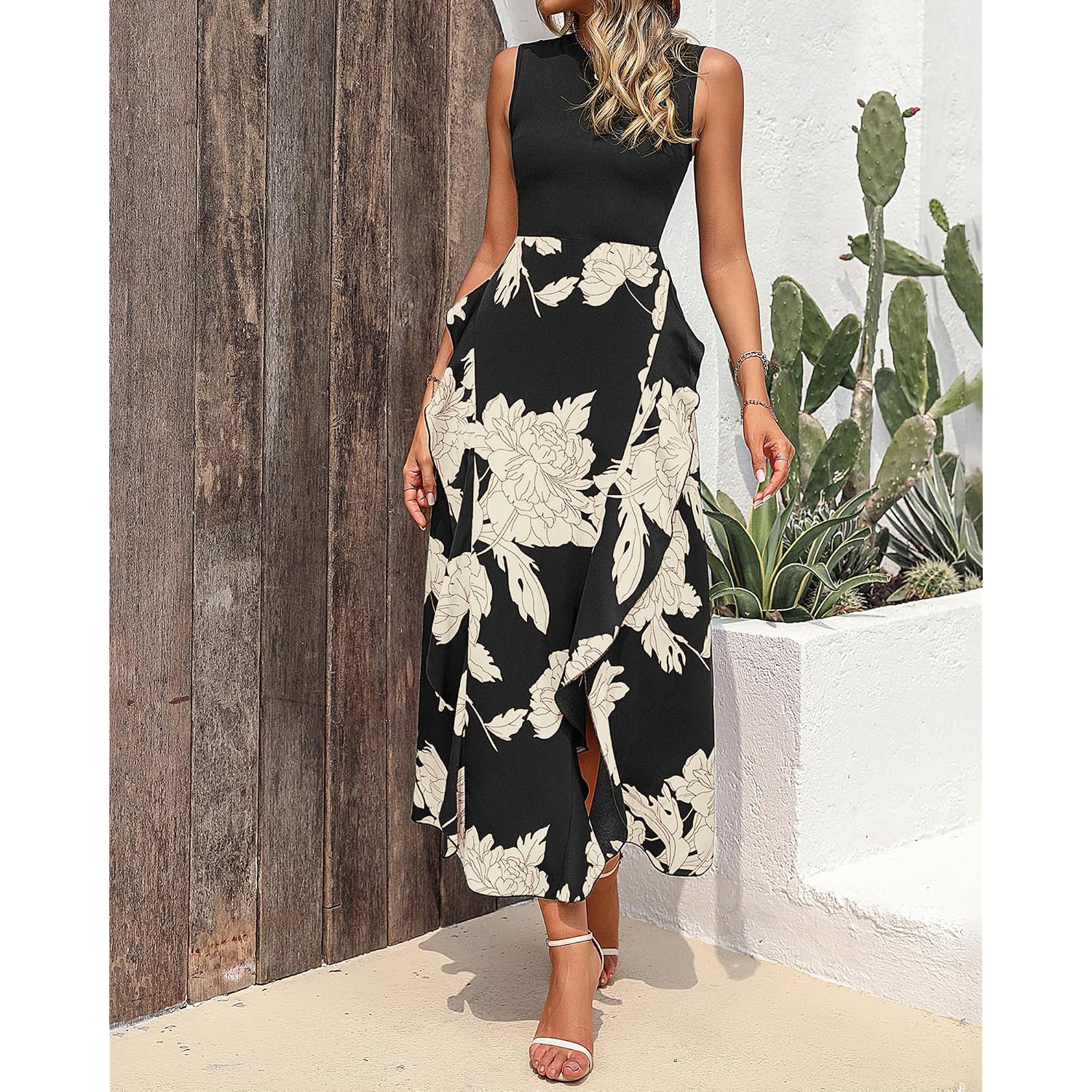 Btfbm Summer Dresses For Women 2026 Casual Spring Floral Sleeveless Ruffle Boho Cocktail Wedding Guest Party Midi Dress
