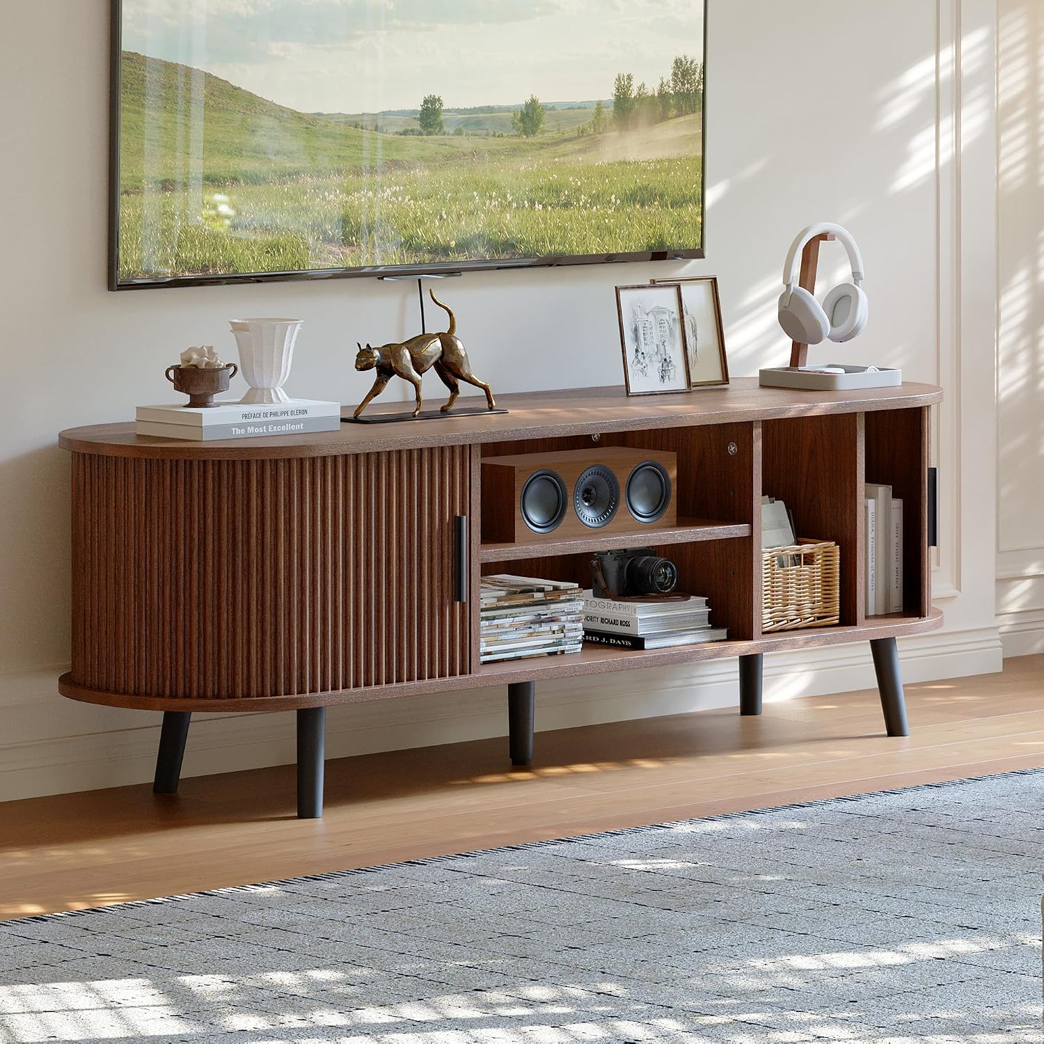 Choochoo Mid Century Modern Tv Stand For Tvs Up To 60 Inch, Entertainment Center With Fluted Sliding Doors And Hidden Storage, Tv Console With Adjustable Shelf For Living Room, Bedroom, Walnut