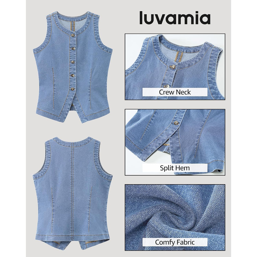 Luvamia Denim Vest For Women Sleeveless Strechy Jean Vest Top Button Down Crewneck Casual Summer Western Waistcoat
