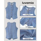 Luvamia Denim Vest For Women Sleeveless Strechy Jean Vest Top Button Down Crewneck Casual Summer Western Waistcoat