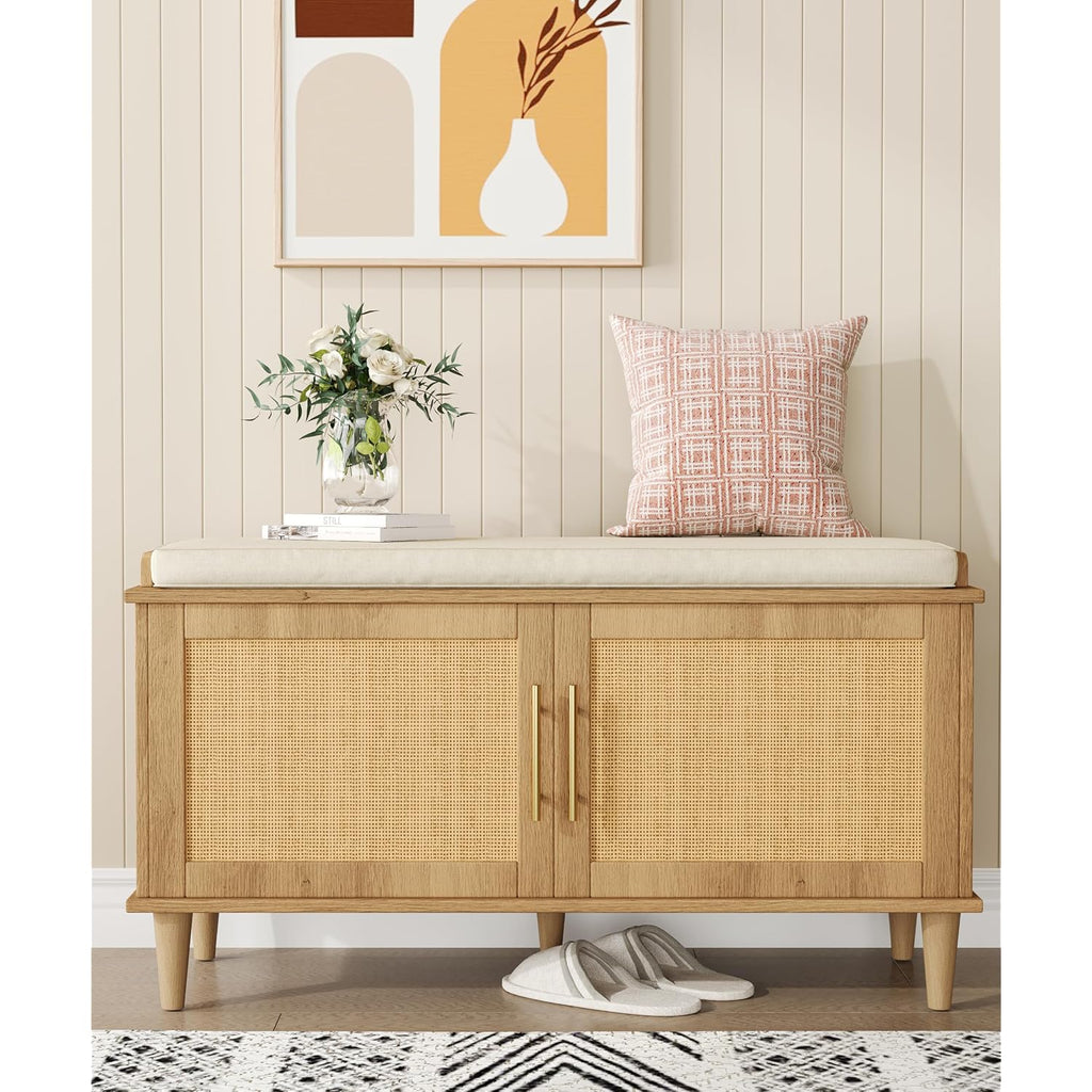 Rattan Shoe Storage Bench With Cushion, 2-Tier Entryway Bench With Adjustable Shelves And 2 Doors, 15" D X 39.4" W X 20" H, Solid Wood Legs, For Hallway, Living Room, Bedroom, Natural Oak