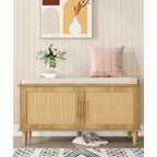 Rattan Shoe Storage Bench With Cushion, 2-Tier Entryway Bench With Adjustable Shelves And 2 Doors, 15" D X 39.4" W X 20" H, Solid Wood Legs, For Hallway, Living Room, Bedroom, Natural Oak