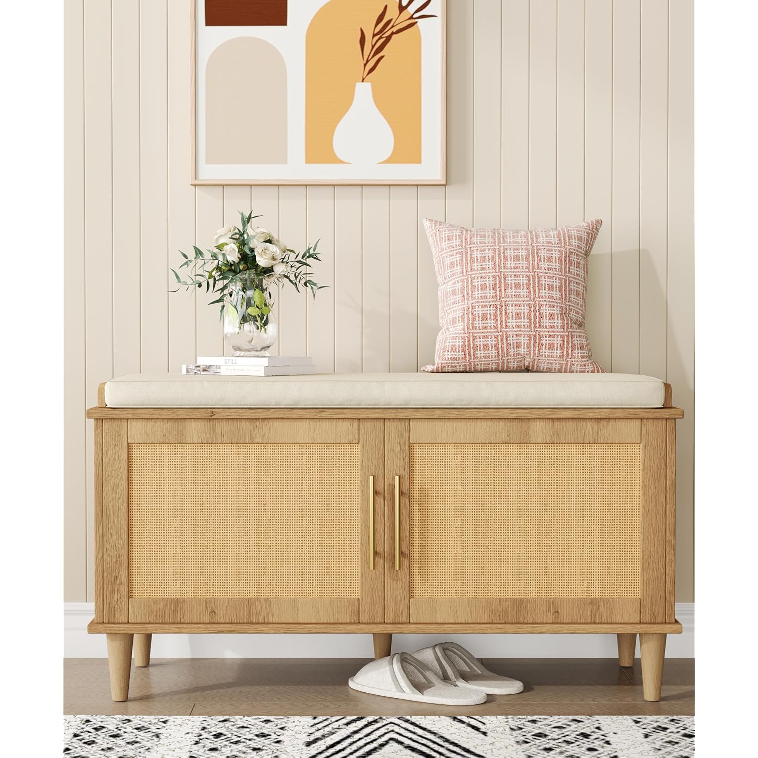 Rattan Shoe Storage Bench With Cushion, 2-Tier Entryway Bench With Adjustable Shelves And 2 Doors, 15" D X 39.4" W X 20" H, Solid Wood Legs, For Hallway, Living Room, Bedroom, Natural Oak