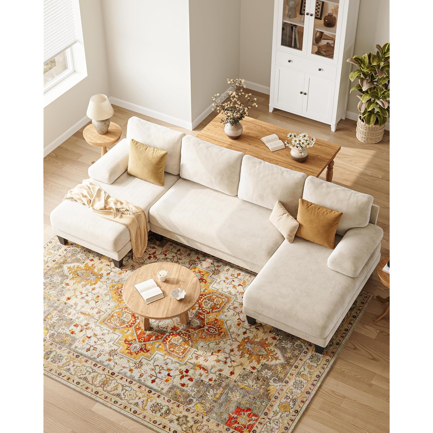 U-Shaped Sectional Couches For Living Room | 112 Inch Modern Sectional Couch | Warm White Chenille Sofa With Double Chaise For Apartment